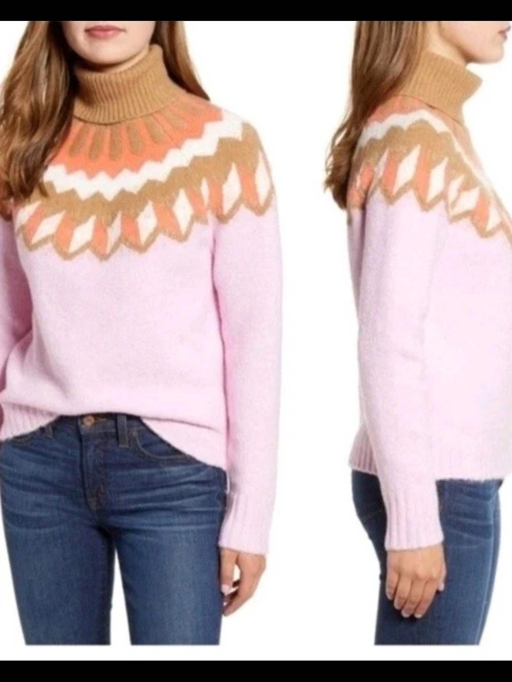 J. Crew Pink Fair Isle Turtleneck Super Soft Sweater.